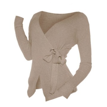 Plain Slim Low Cut Surplice Sweater - Light Khaki