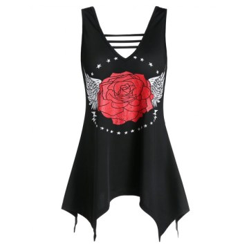 Plunge Asymmetrical Rose Print Tank Top - Black