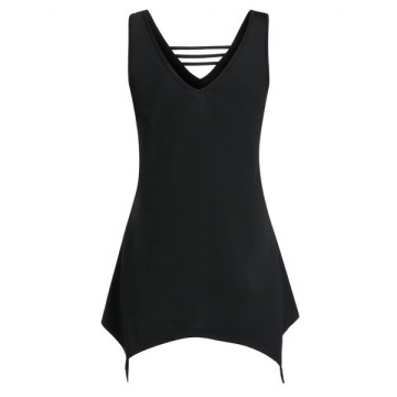 Plunge Asymmetrical Rose Print Tank Top - Black