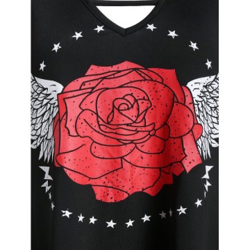 Plunge Asymmetrical Rose Print Tank Top - Black