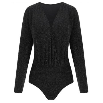 Plunge Neck Long leeve parkly Bodysuit - Black