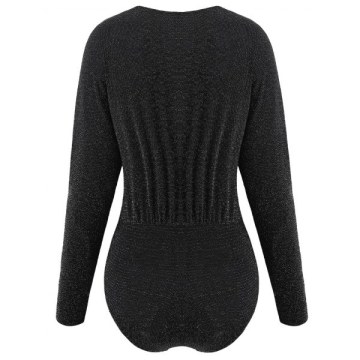 Plunge Neck Long leeve parkly Bodysuit - Black