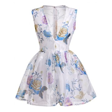 Plunging Neck Flower See-Through Ball Gown Dress - White