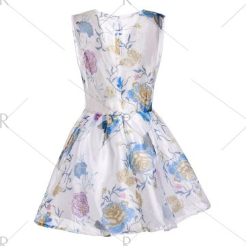 Plunging Neck Flower See-Through Ball Gown Dress - White