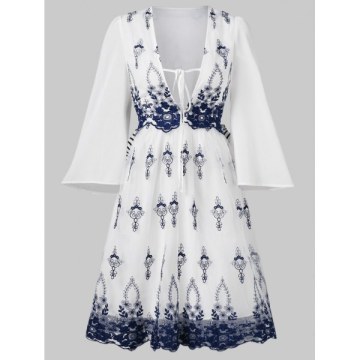 Plunging Neckline Embroidered Dress With Tie - White