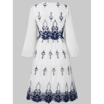 Plunging Neckline Embroidered Dress With Tie - White