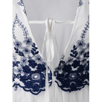 Plunging Neckline Embroidered Dress With Tie - White