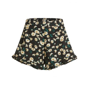 Polka Dot Daisy Ruffle Hem Shorts - Black