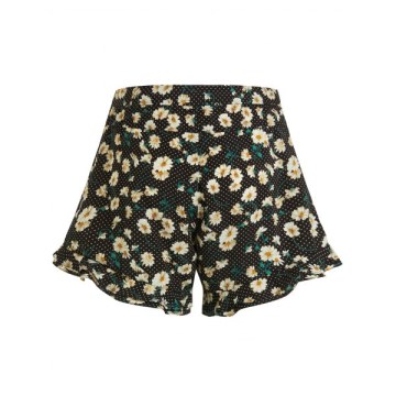 Polka Dot Daisy Ruffle Hem Shorts - Black