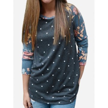 Polka Dot Floral Raglan leeve T-shirt - Dark late Blue