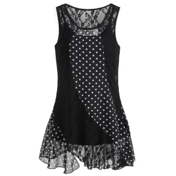 Polka Dot Panel leeveless Lace Blouse - Black