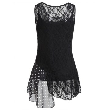 Polka Dot Panel leeveless Lace Blouse - Black