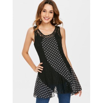Polka Dot Panel leeveless Lace Blouse - Black