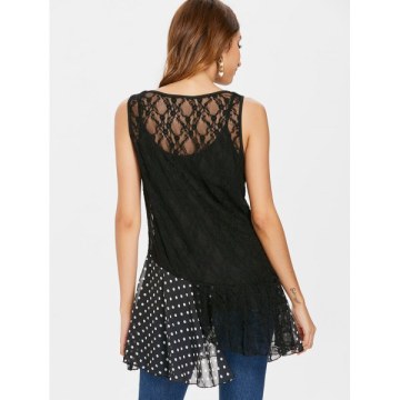 Polka Dot Panel leeveless Lace Blouse - Black