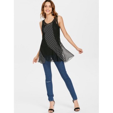 Polka Dot Panel leeveless Lace Blouse - Black