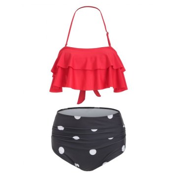 Polka Dot Print Halter Flounce xBikini et - Red