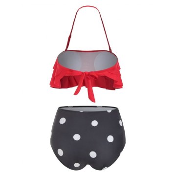 Polka Dot Print Halter Flounce xBikini et - Red
