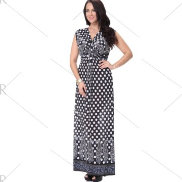 Polka Dot Printed Twist Maxi Dress - Black