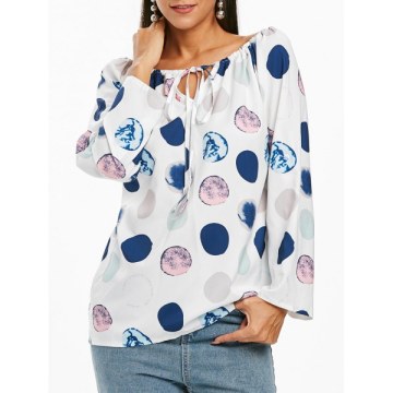 Polka Dot Roll Up leeve Tied Blouse - White