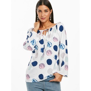 Polka Dot Roll Up leeve Tied Blouse - White