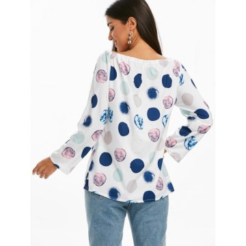 Polka Dot Roll Up leeve Tied Blouse - White