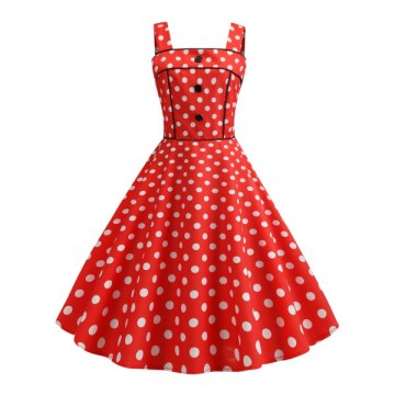 Polka Dot Square Neck Party Dress - Rosso Red