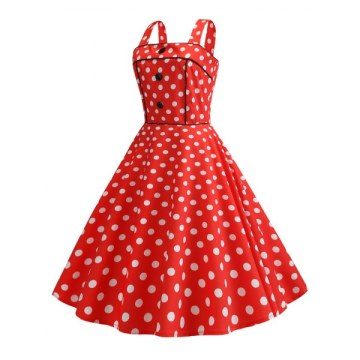 Polka Dot Square Neck Party Dress - Rosso Red