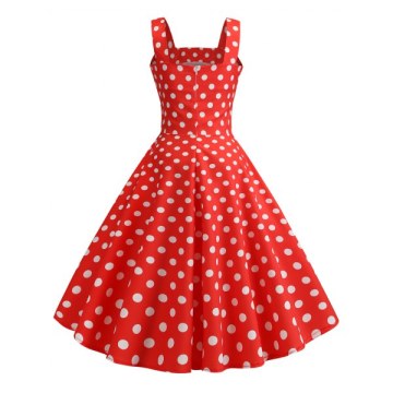 Polka Dot Square Neck Party Dress - Rosso Red