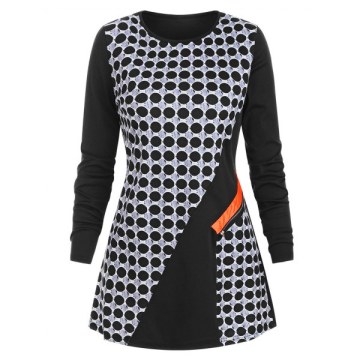 Polka Dot Zipper Embellished Longline Tee - Black