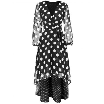 Polka Dots axi V Neck Wrap Dress - Black