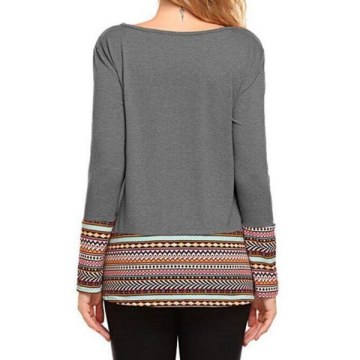 Printed Round Neck Tee with Pockets - Gray Cloud