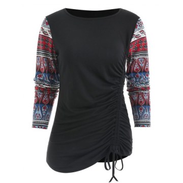 Printed leeve Drawstring Ruched T-shirt - Black
