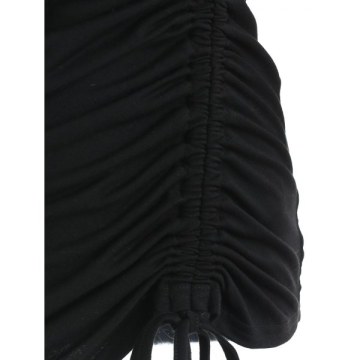 Printed leeve Drawstring Ruched T-shirt - Black