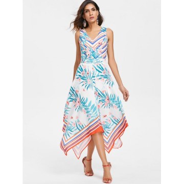Printed Sleeveless Flared Dress - White