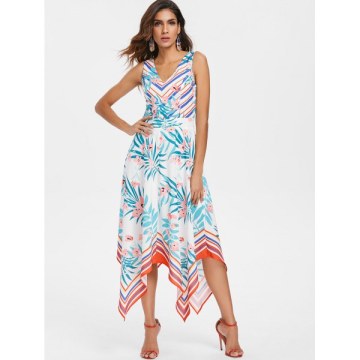 Printed Sleeveless Flared Dress - White