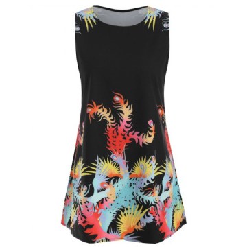 Printed leeveless Round Neck Trapeze Dress - Black