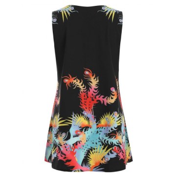 Printed leeveless Round Neck Trapeze Dress - Black