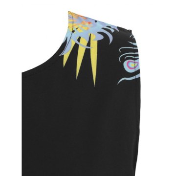 Printed leeveless Round Neck Trapeze Dress - Black