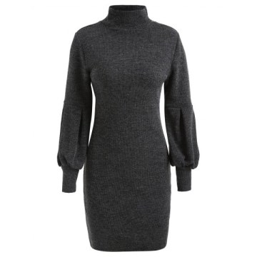 Puff Sleeve Mini Sweater Dress - Dark Gray