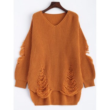 Pullover Ripped V Neck Sweater - Earthy