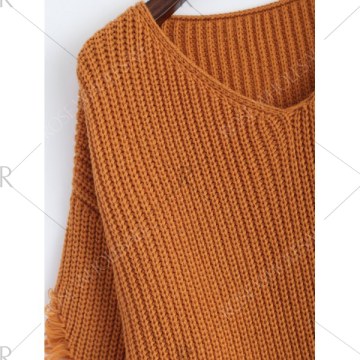 Pullover Ripped V Neck Sweater - Earthy