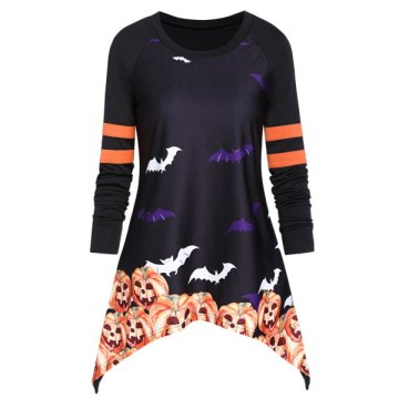 Pumpkin Print Asymmetrical Round Collar Halloween T Shirt - Black