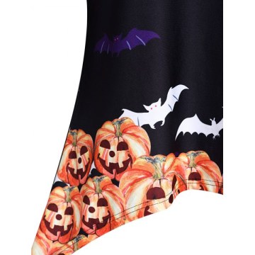 Pumpkin Print Asymmetrical Round Collar Halloween T Shirt - Black