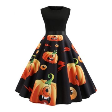Pumpkin Print Belted Halloween A ine Dress -