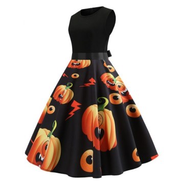 Pumpkin Print Belted Halloween A ine Dress -