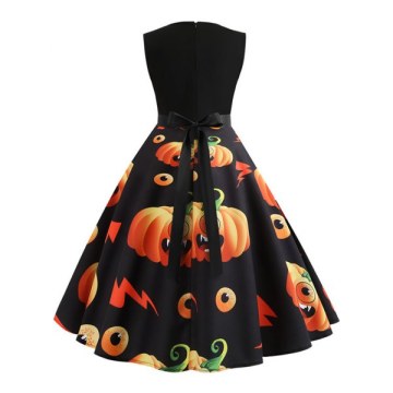 Pumpkin Print Belted Halloween A ine Dress -