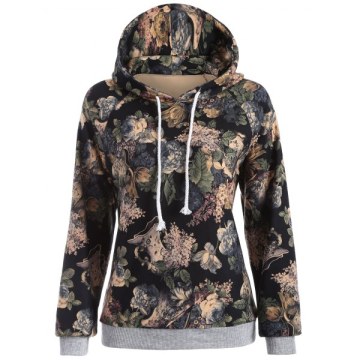 Raglan Sleeve Floral Print Hoodie - Gray