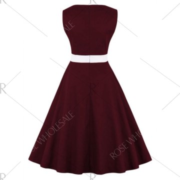 Retro Color Block Fit and Flare Dress - Wine Red