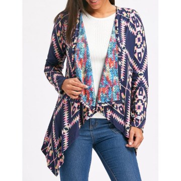 Retro tyle Collarless Long leeve Loose-Fitting Ethnic Print Women's Cardigan - Purplish Blue