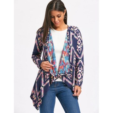 Retro tyle Collarless Long leeve Loose-Fitting Ethnic Print Women's Cardigan - Purplish Blue